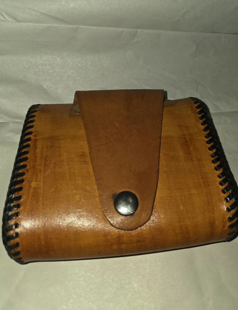 New,Handcrafted,Leather Eagle-Embossed Men's Wallet- Pouch Tan Black Stitching.